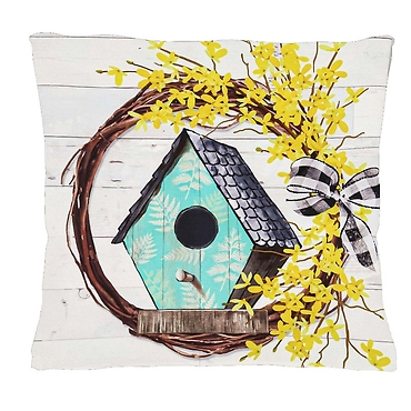 Forsythia and Birdhouse Wreath Interchangeable Pillow