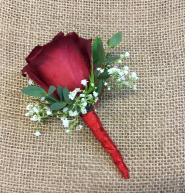 Red Rose Boutonniere with Babies Breath